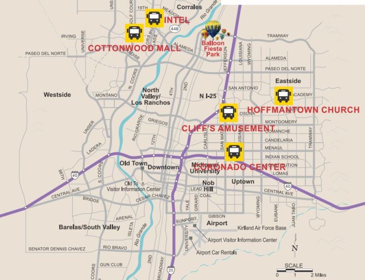 Locations of the Park & Ride lots for the 2017 Fiesta (from balloonfiesta.com)