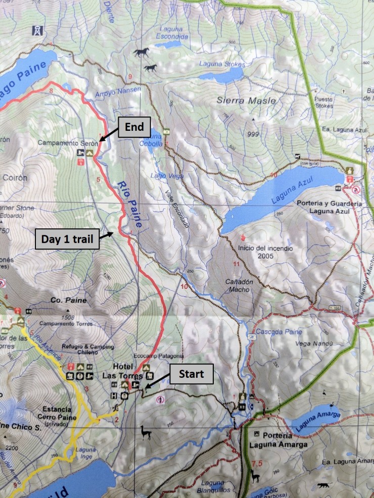 Map with the Day 1 route from the Welcome Center to Camp Seron on the Circuit trek in Torres del Paine National Park.