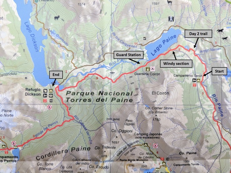 Map of the trail we took on Day 2 of the Circuit trek in Torres del Paine National Park.