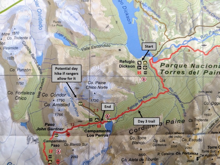 Map of the trail we took on Day 3 of the Circuit trek in Torres del Paine National Park