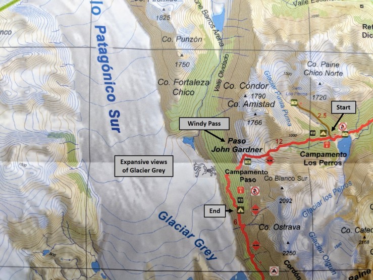 Map of the trail we took from Los Perros to Campamento Paso on Day 4 of the Circuit trek in Torres del Paine National Park