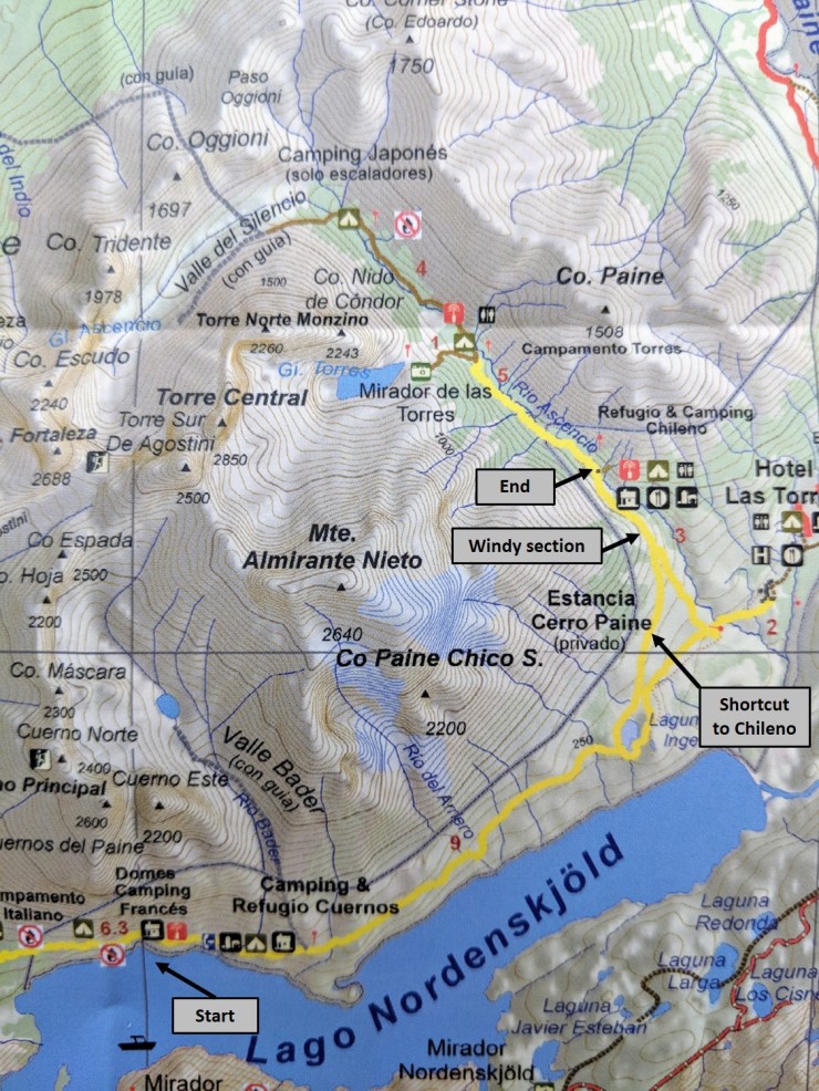 Map of the trail we took from Frances to Refugio Chileno on Day 8 of the Circuit trek in Torres del Paine National Park