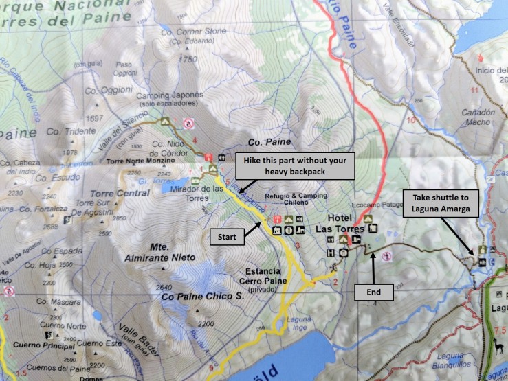 Map of the trail we took on Day 9 of the Circuit trek in Torres del Paine National Park