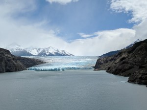Eventually the sun came out and the sky turned blue. A view of Glacier Grey from the trail.