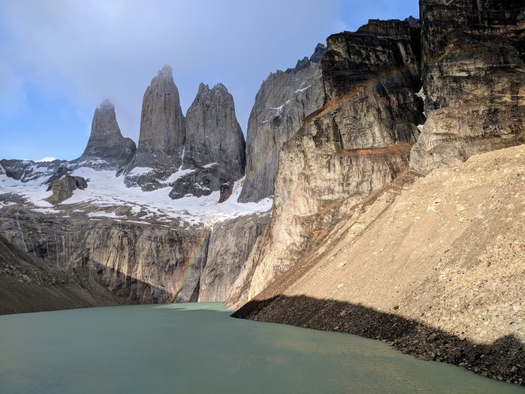The view at the Mirador de las Torres in Torres del Paine National Park. We were able to capture a rainbow crossing in front of the towers.