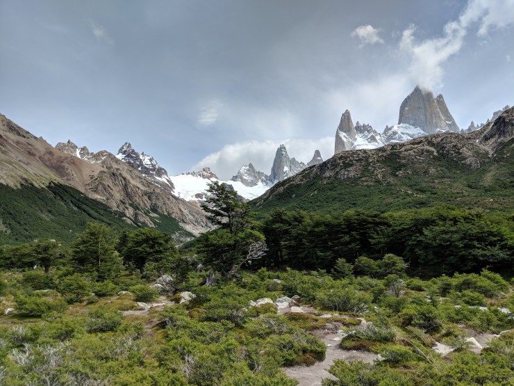 After a slow, steep descent (because we had to let many people hiking up the trail pass on the narrow trail), the trail finally levels out and you get great views of Fitz Roy when you turn around.