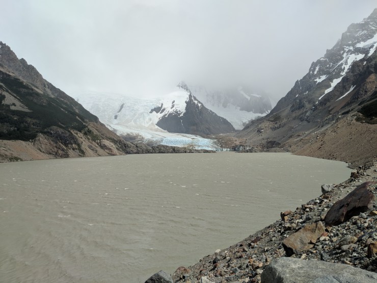 After climbing to the top of the last moraine we got our first glimpse of Laguna Torre and Cerro Torre.