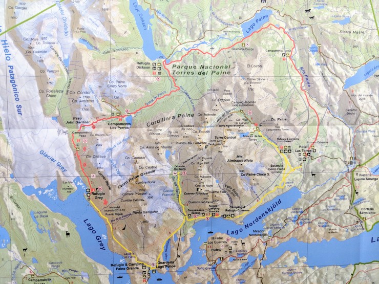 Overall map of the Circuit trek in Torres del Paine National Park.