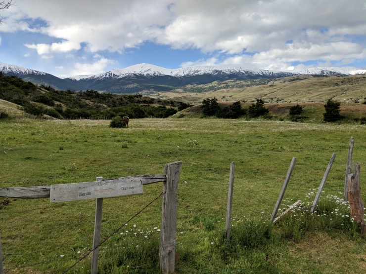 View from Campamento Seron with snowy mountains in the background.