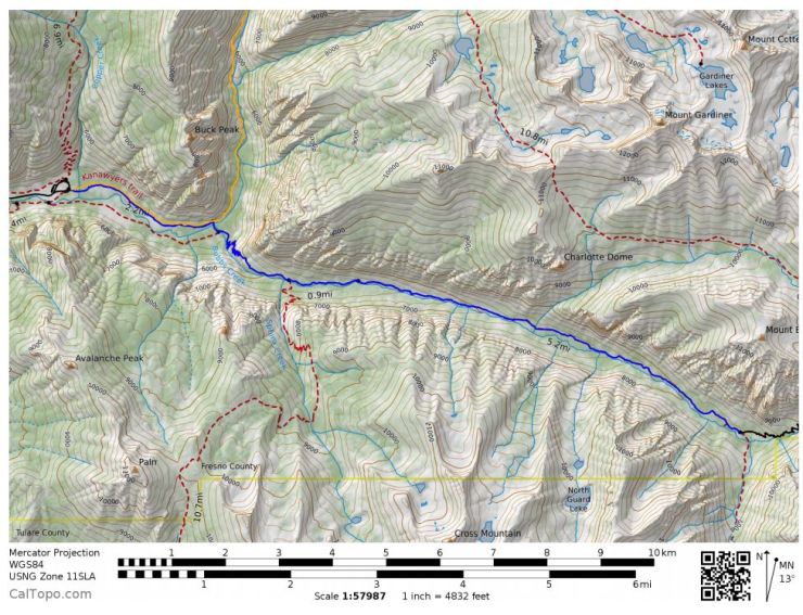 Map of the Rae Lakes Loop Day 1 hike (blue)