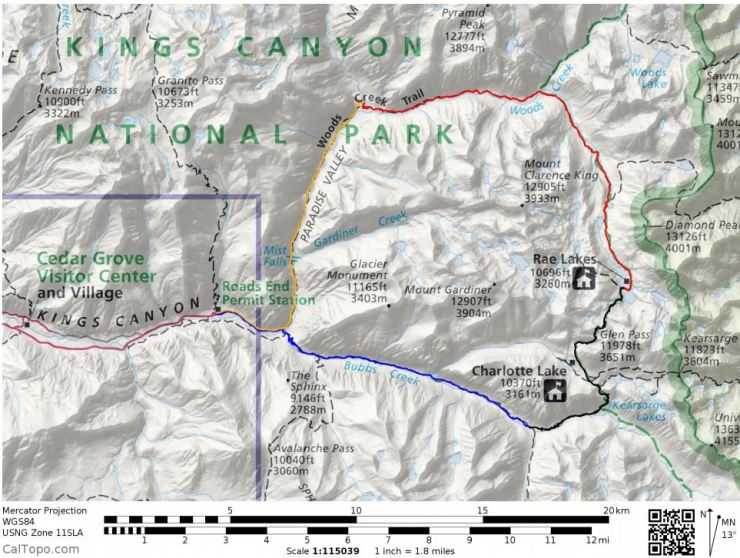 Overall map of the Rae Lakes Loop with the starting point at Roads End. Day 1 (blue), Day 2 (black), Day 3 (red) and Day 4 (yellow).