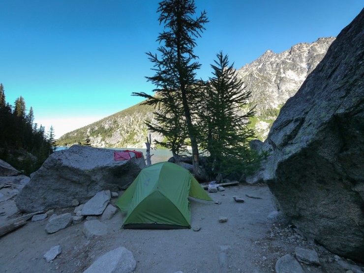 Our campsite at Lake Colchuck amidst the huge RV-sized boulders.
